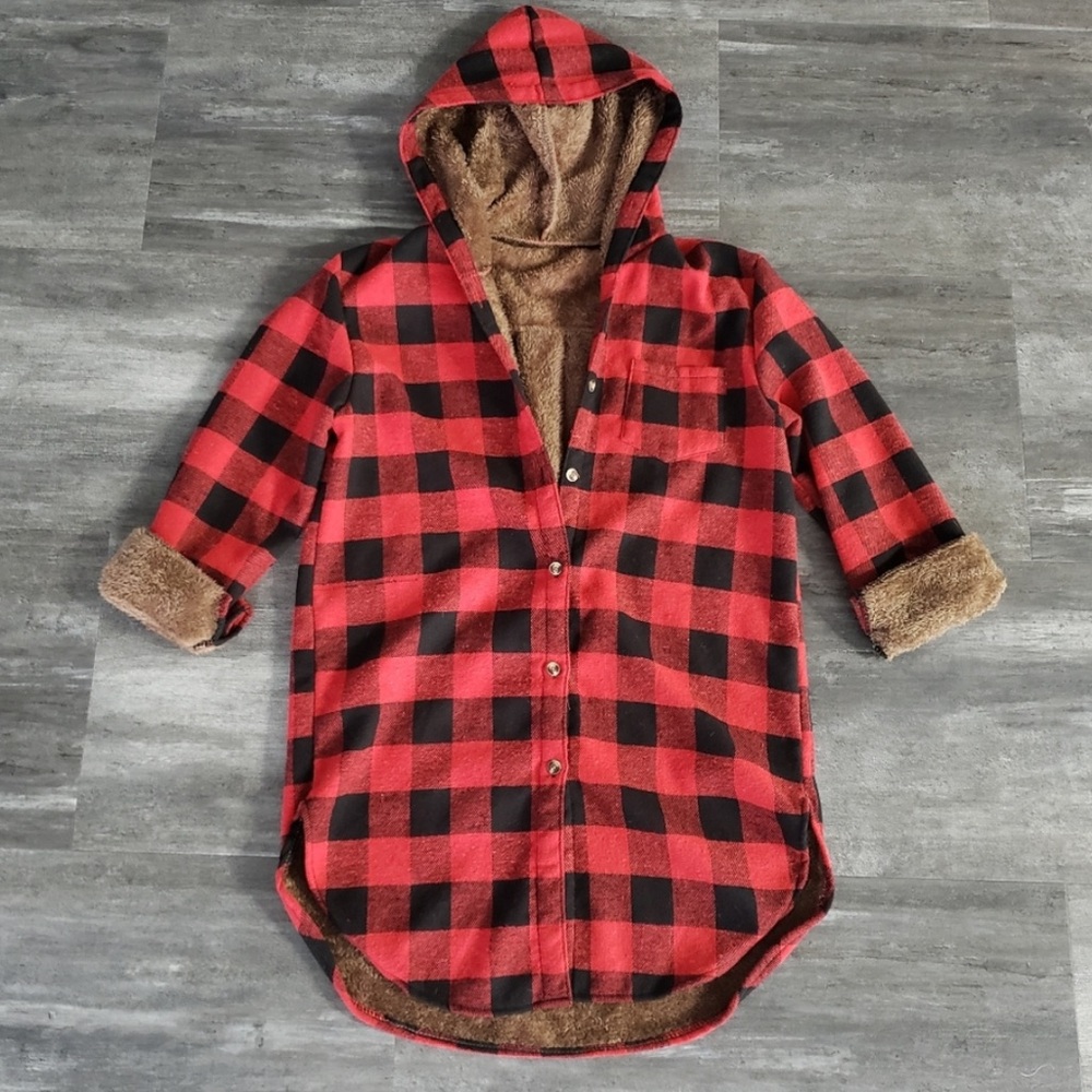 Red Black Plaid Howel's Hoodie Button Down - Picture 2 of 4